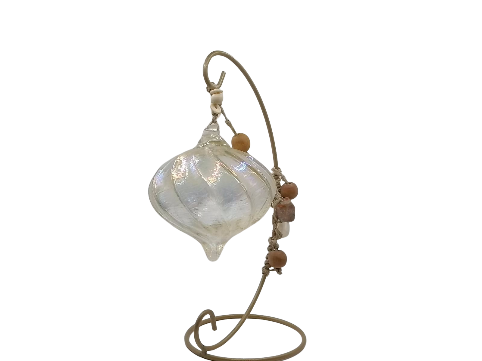 Handblown Iridescent Teardrop Glass Friendship Ornament with Macrame Hanger & Beads - Boho Artisan Decor on 9" Stand (From Roosters Peacock Personal Collection)