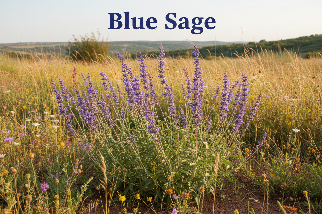 Blue Sage in wild with words Blue Sage at top