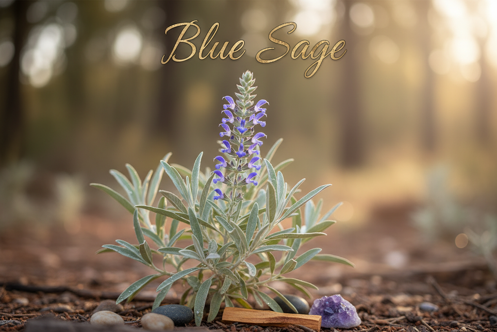 blue sage plant with words Blue Sage at top of picture