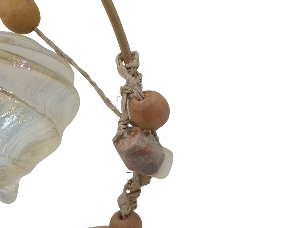 Handblown Iridescent Teardrop Glass Friendship Ornament with Macrame Hanger & Beads - Boho Artisan Decor on 9" Stand (From Roosters Peacock Personal Collection)