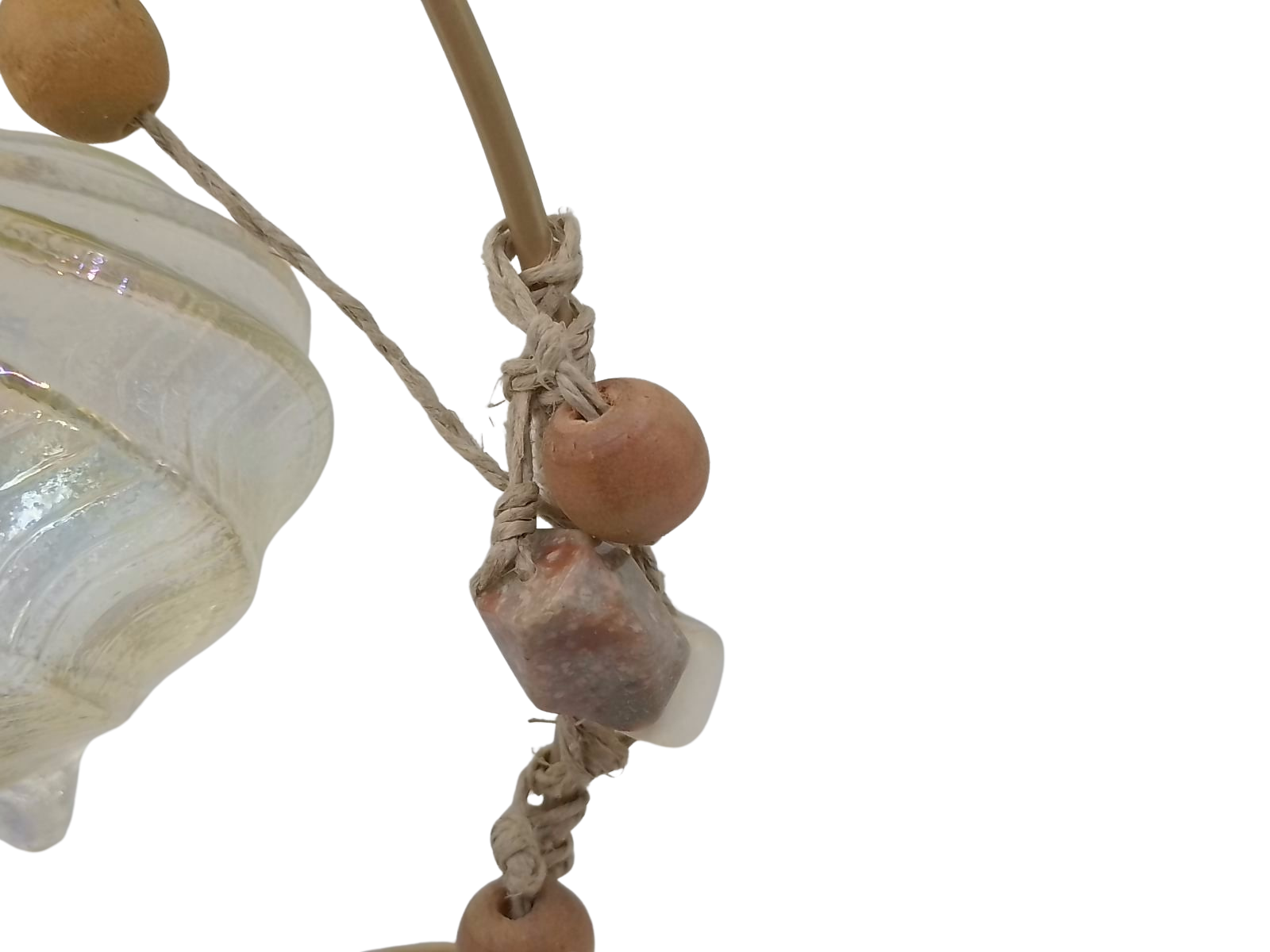 Handblown Iridescent Teardrop Glass Friendship Ornament with Macrame Hanger & Beads - Boho Artisan Decor on 9" Stand (From Roosters Peacock Personal Collection)