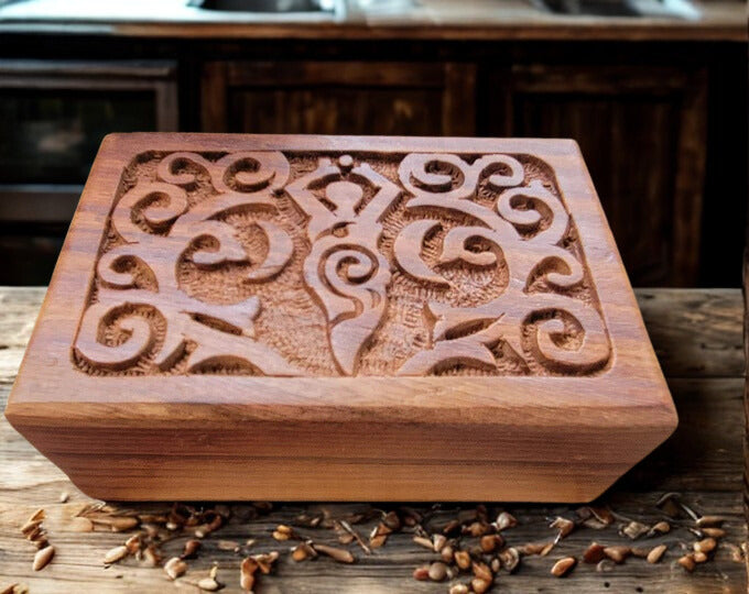 "Goddess of Earth" Carved Wooden Box Design, 4 x 6 inches. Beautiful storage for crystals, tarot cards, herbs, or jewelry – perfect spiritual altar piece or witchy gift.