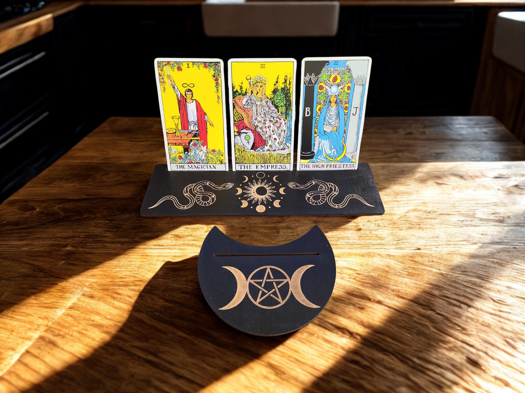 Wooden Tarot Card Holder 2 Piece Set | Moon Phase Design 3"W x 10"L