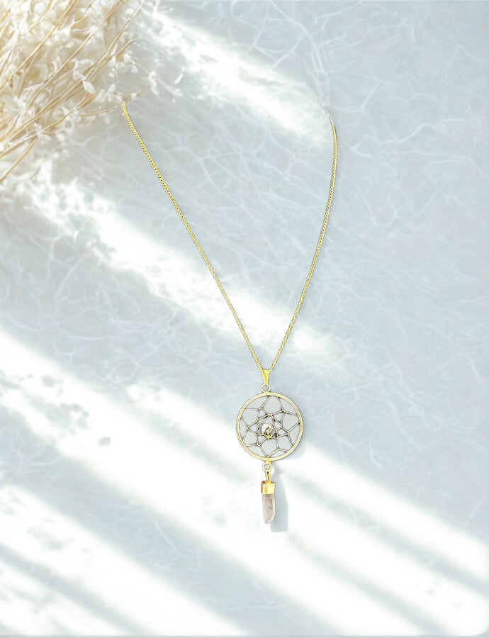 Roosters Peacock Golden Dreamcatcher Crystal Pendant Necklace - Approx. 1 Inch with 11 Inch Chain