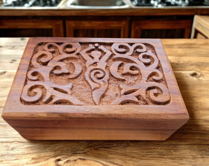 Goddess of Earth Carved Wooden Box 4x6" - Sacred Altar Storage