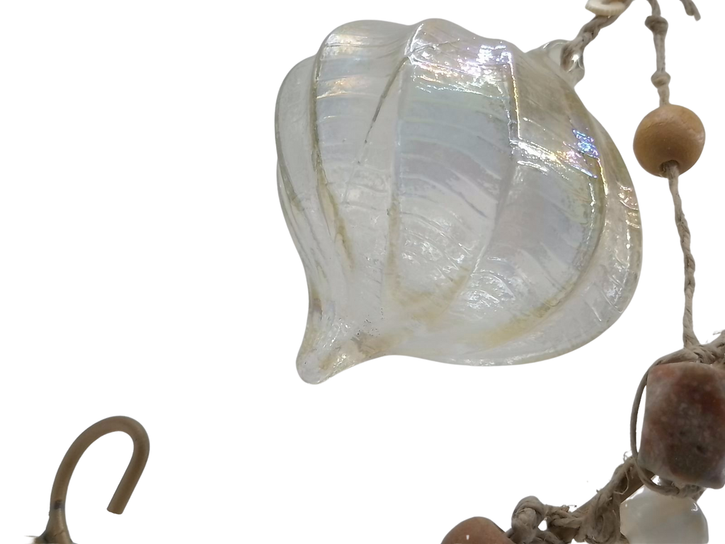 Handblown Iridescent Teardrop Glass Friendship Ornament with Macrame Hanger & Beads - Boho Artisan Decor on 9" Stand (From Roosters Peacock Personal Collection)