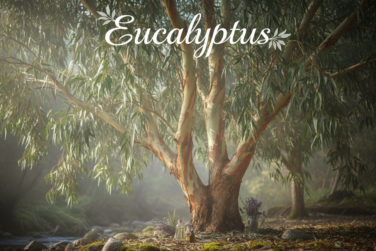 Eucalyptus Tree with words Eucalyptus at the top of the Picture