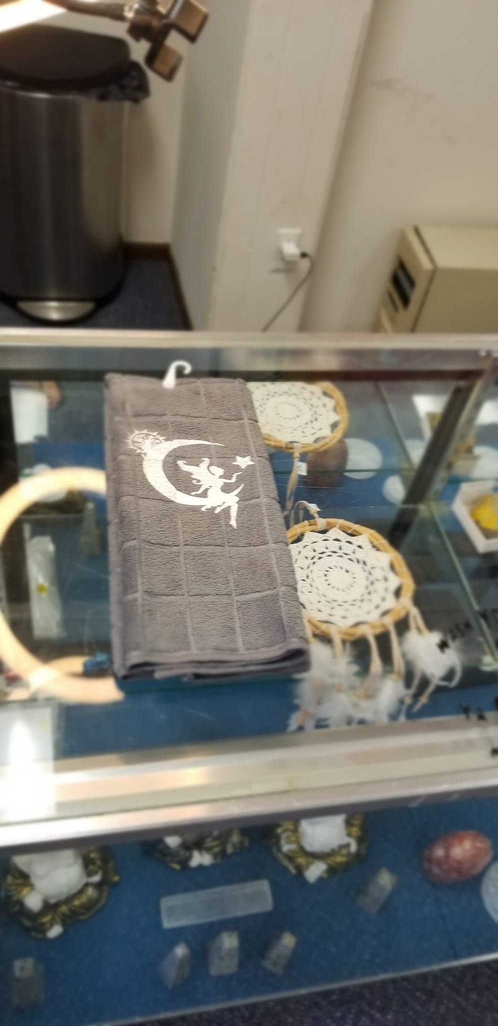 Gray microfiber hand towel with silver glitter fairy sitting on crescent moon and mandala sun handmade design by Roosters Peacock