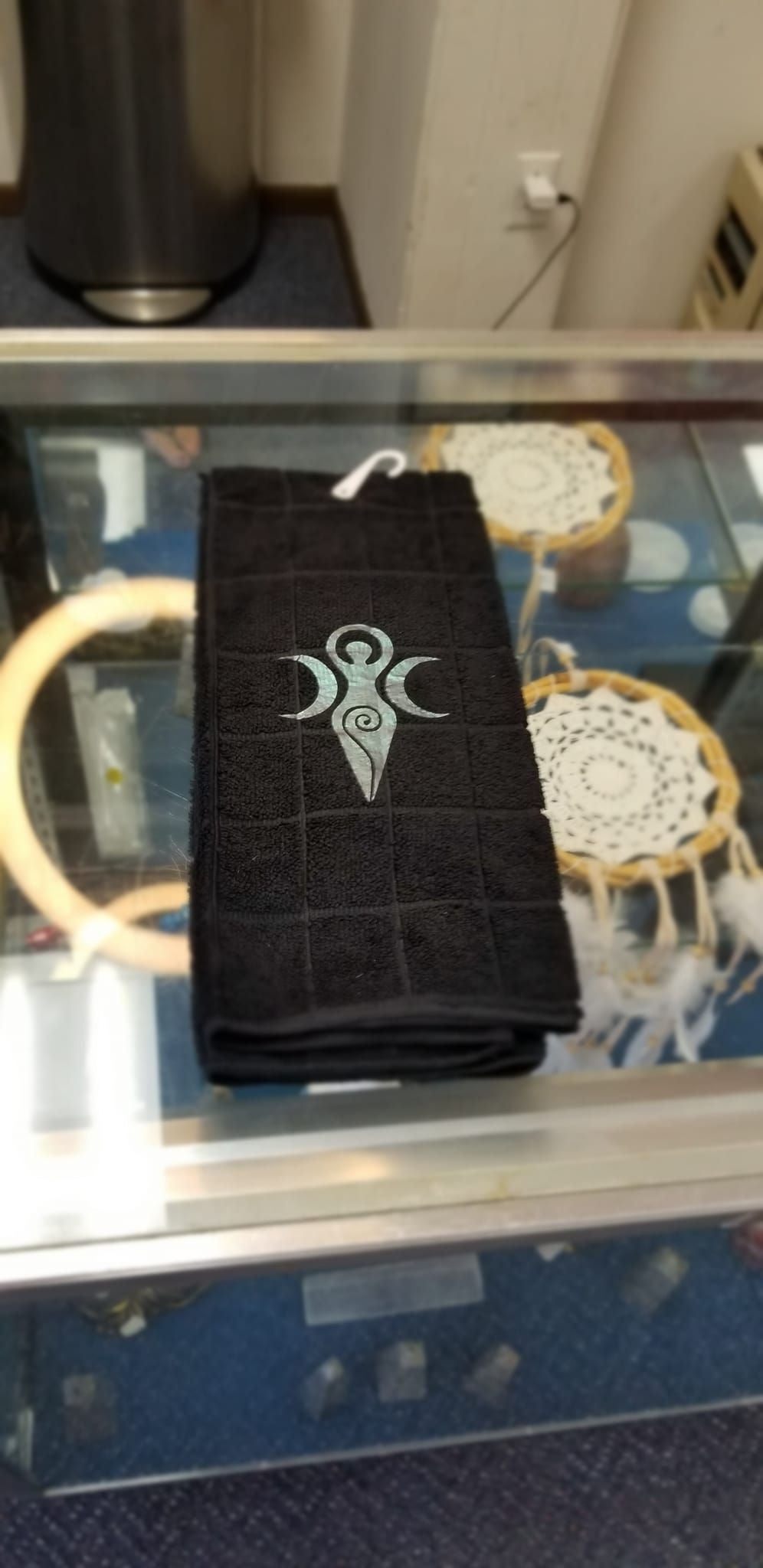 Goddess Triple Moon Hand Towel – Black Microfiber 15x25" Handmade Design