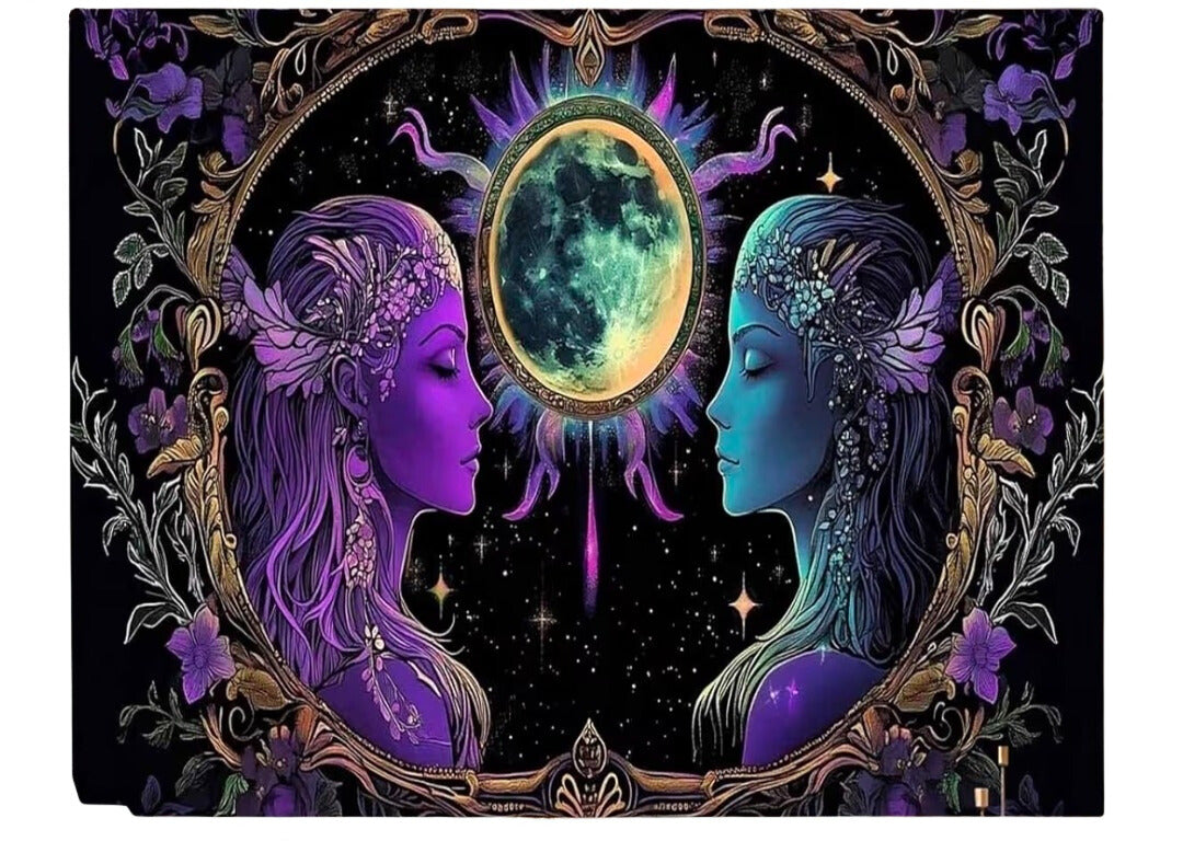 Psychedelic Purple Mystic Lovers Tapestry - Trippy Hippie Meditation Wall Hanging (59 x 51 Inch)