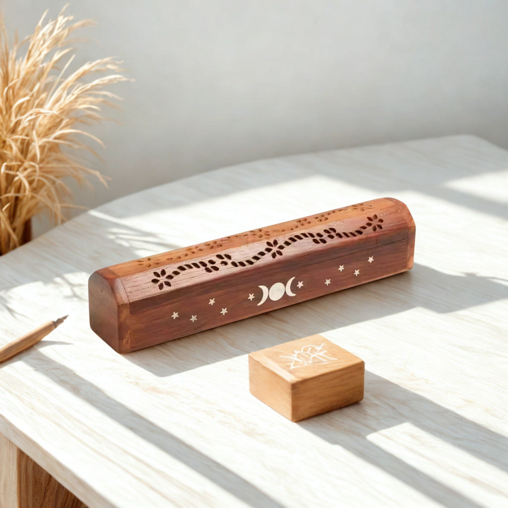 Triple Moon Wood Incense Box Burner 12"