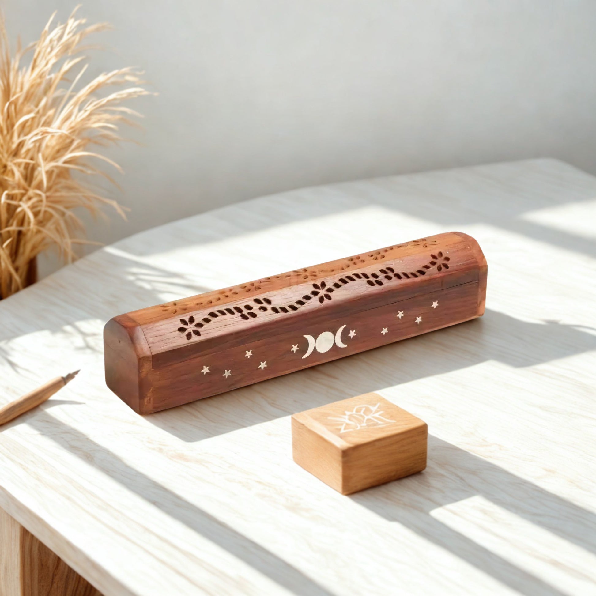 Triple Moon Wood Incense Box Burner 12"