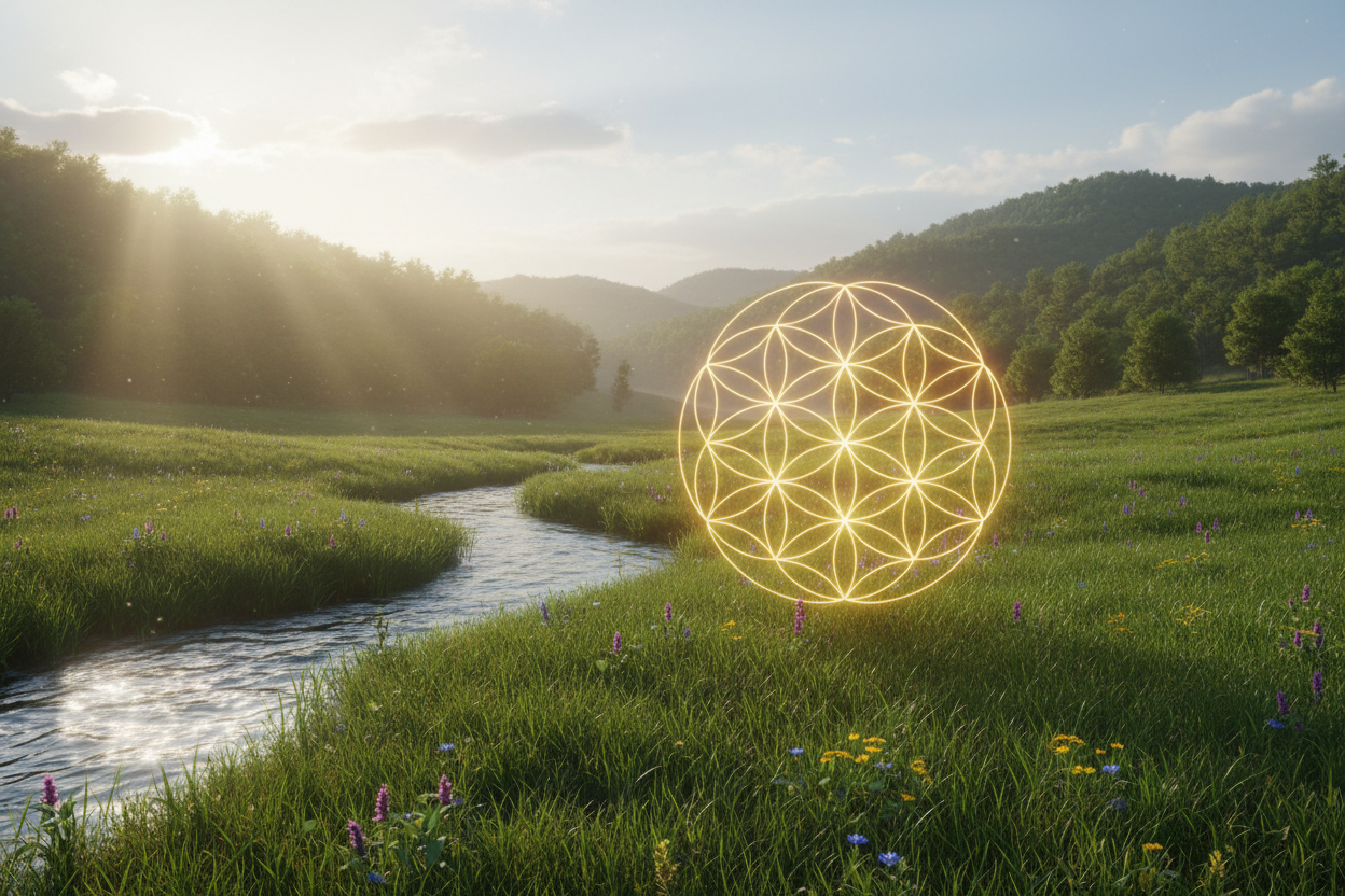 Flower of Life symbol in a field by stream in country setting