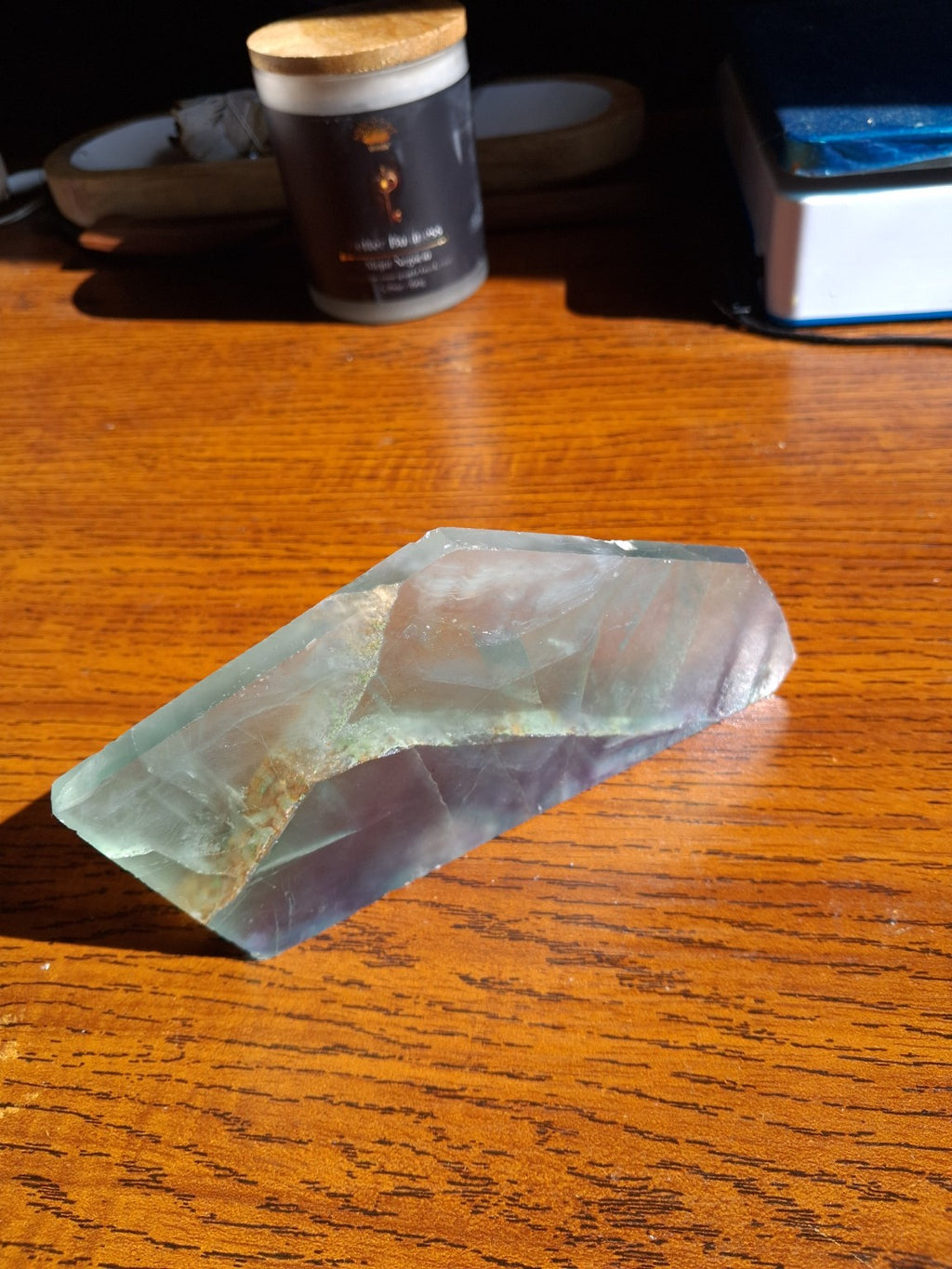 Second angle of Rainbow Fluorite 5.5 inch green blue and purple banded polished slab
