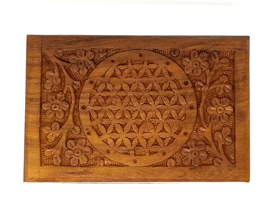 "Flower of Life Design" Carved Wooden Box  Flower of Life Design, 4 x 6 inches. Beautiful storage for crystals, tarot cards, herbs, or jewelry – perfect spiritual altar piece or sacred geometry gift.