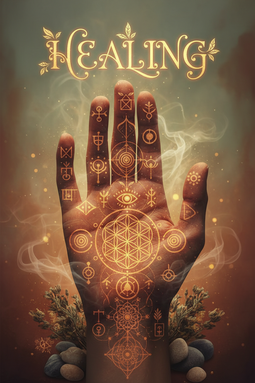 Healers Hand Symbol with words Healing at top of picture