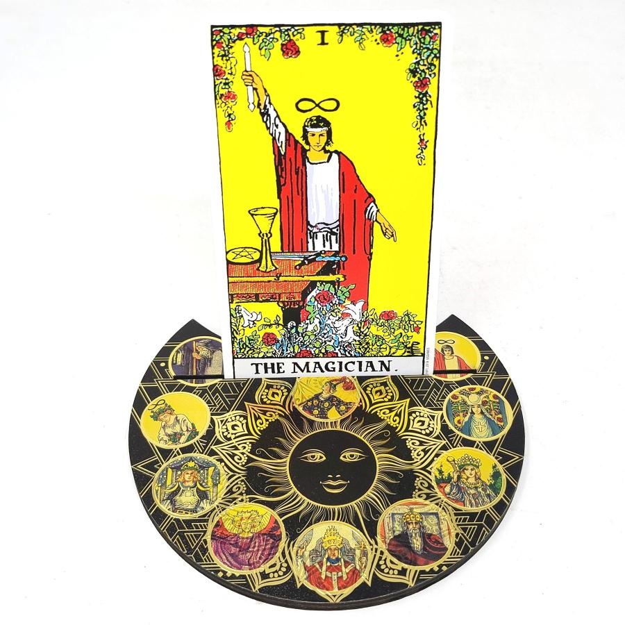 Wooden Crescent Tarot Card Holder 5" | Celestial Moon Sun Design