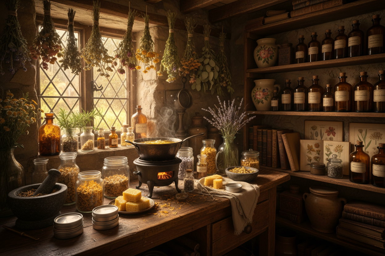 making salve in herbalist cottage