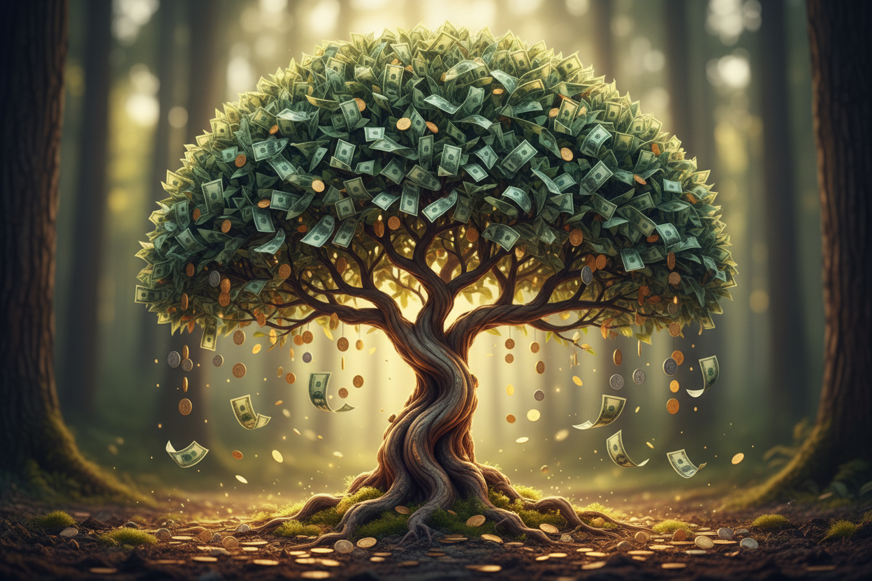 money tree with bill and coins falling off of lush bill coin tree