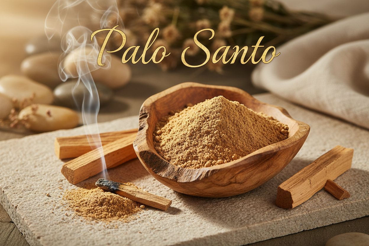 Palo Santo Wood powder with words Palo Santo at top
