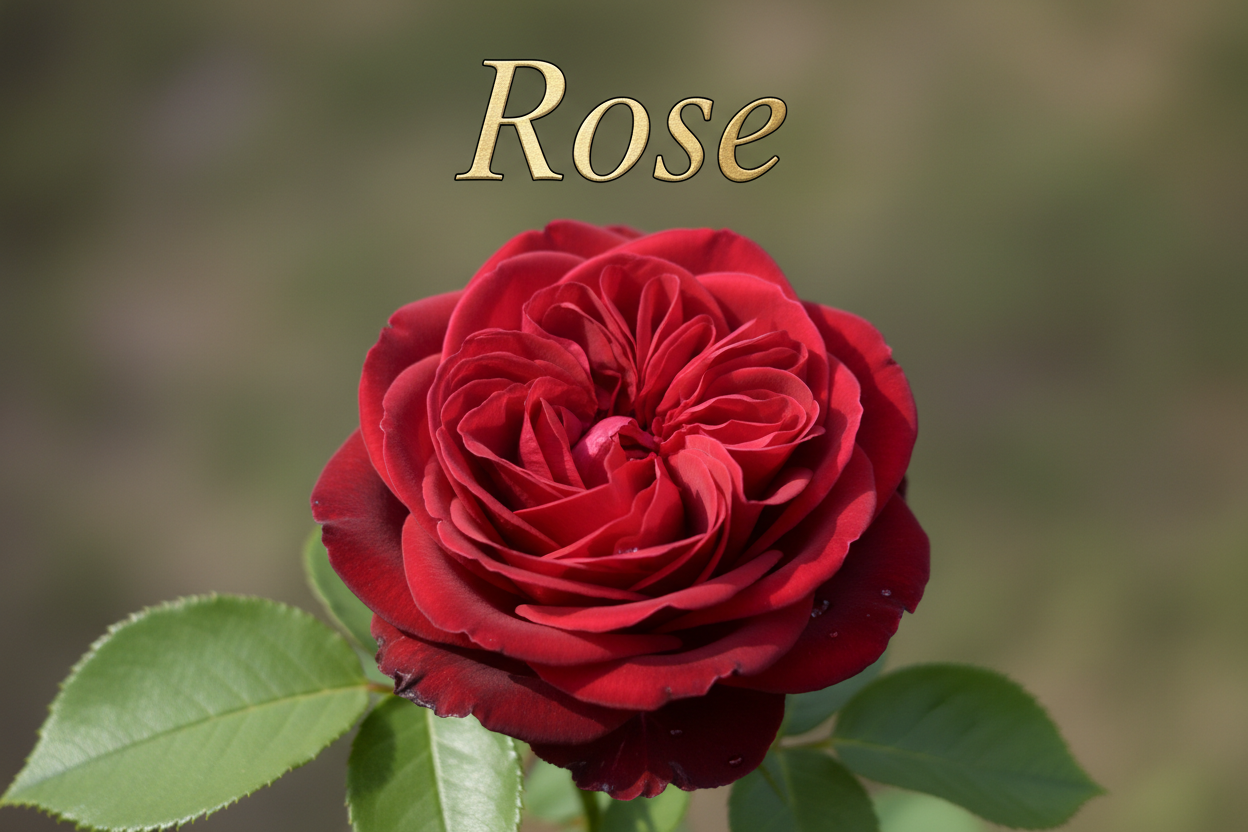 Picture of Beautiful Red Rose with Word Rose at top of picture