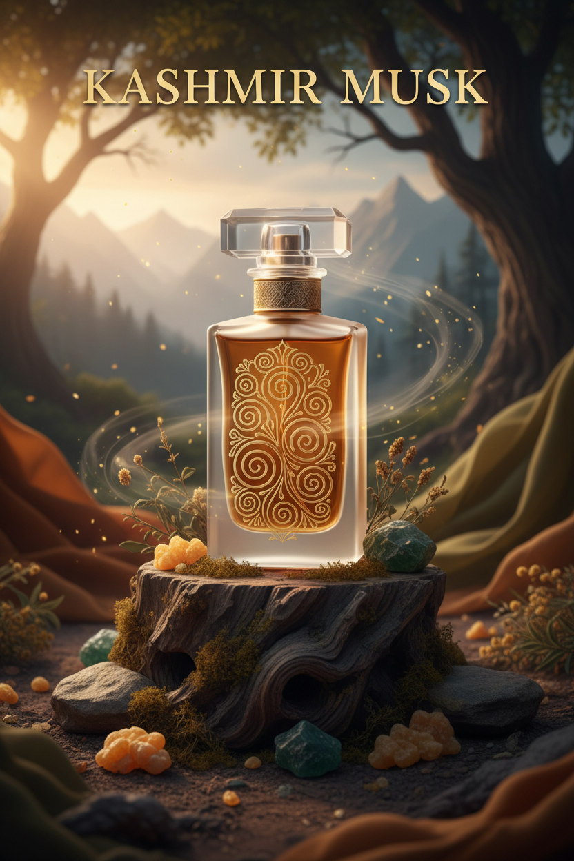 Picture of Kashmir Musk perfume and words Kashmir Musk at top of picture
