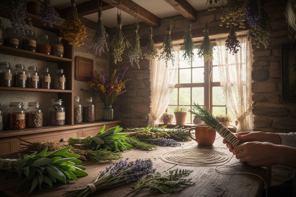 picture-of-making-hand-made-smudge-sticks-sitting-inside-country-herbalist-cottage 