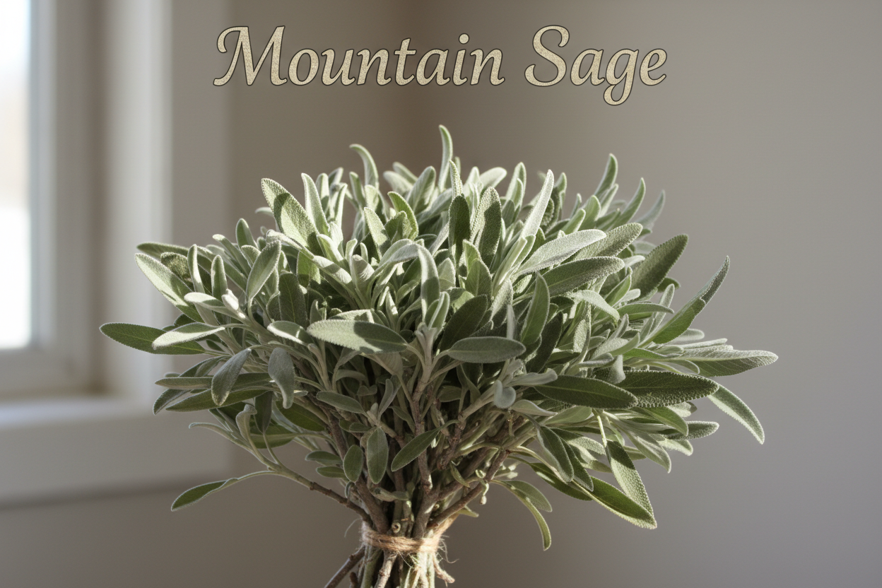 picture of natural mountain sage with words Mountain Sage at top 