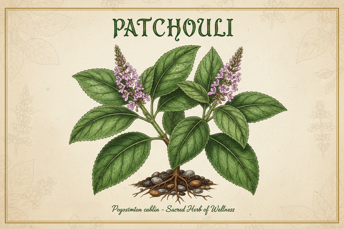 Picture of Patchouli plant and flowers and word Patchouli at top of picture