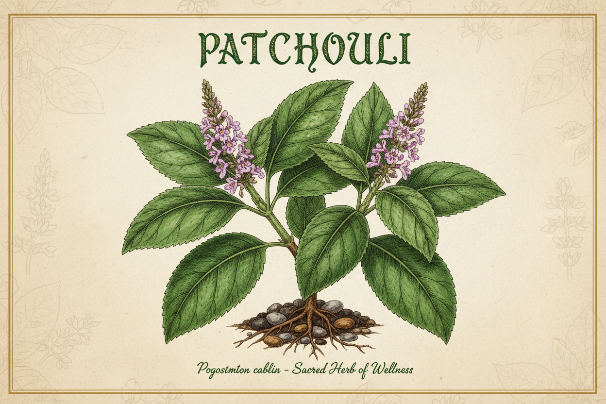 Picture of Patchouli plant and flowers and word Patchouli at top of picture