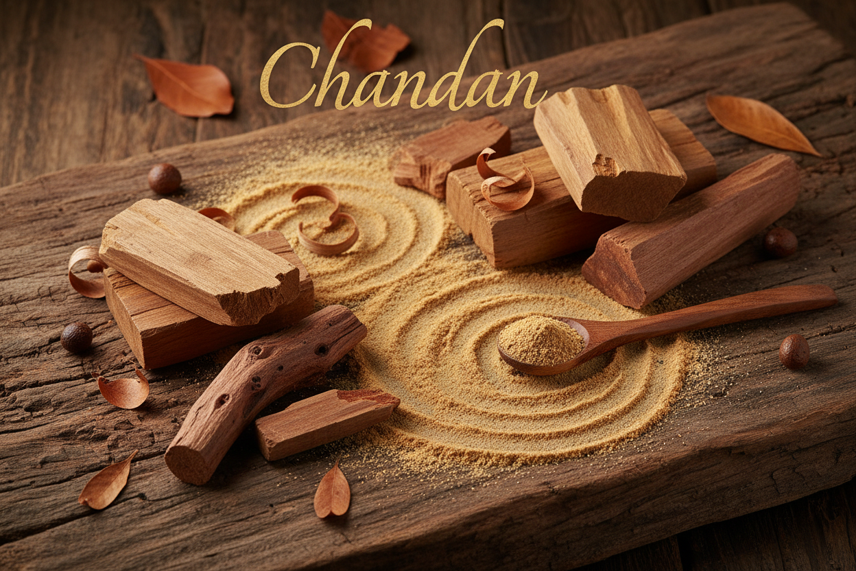 picture of sandalwood with english spelling of Chandan at top of the picture