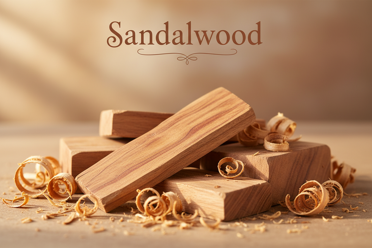 Picture of Sandalwood with word Sandalwood at top of picture