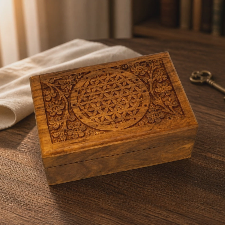 Flower of Life Carved Wooden Box 4x6" - Sacred Geometry Storage