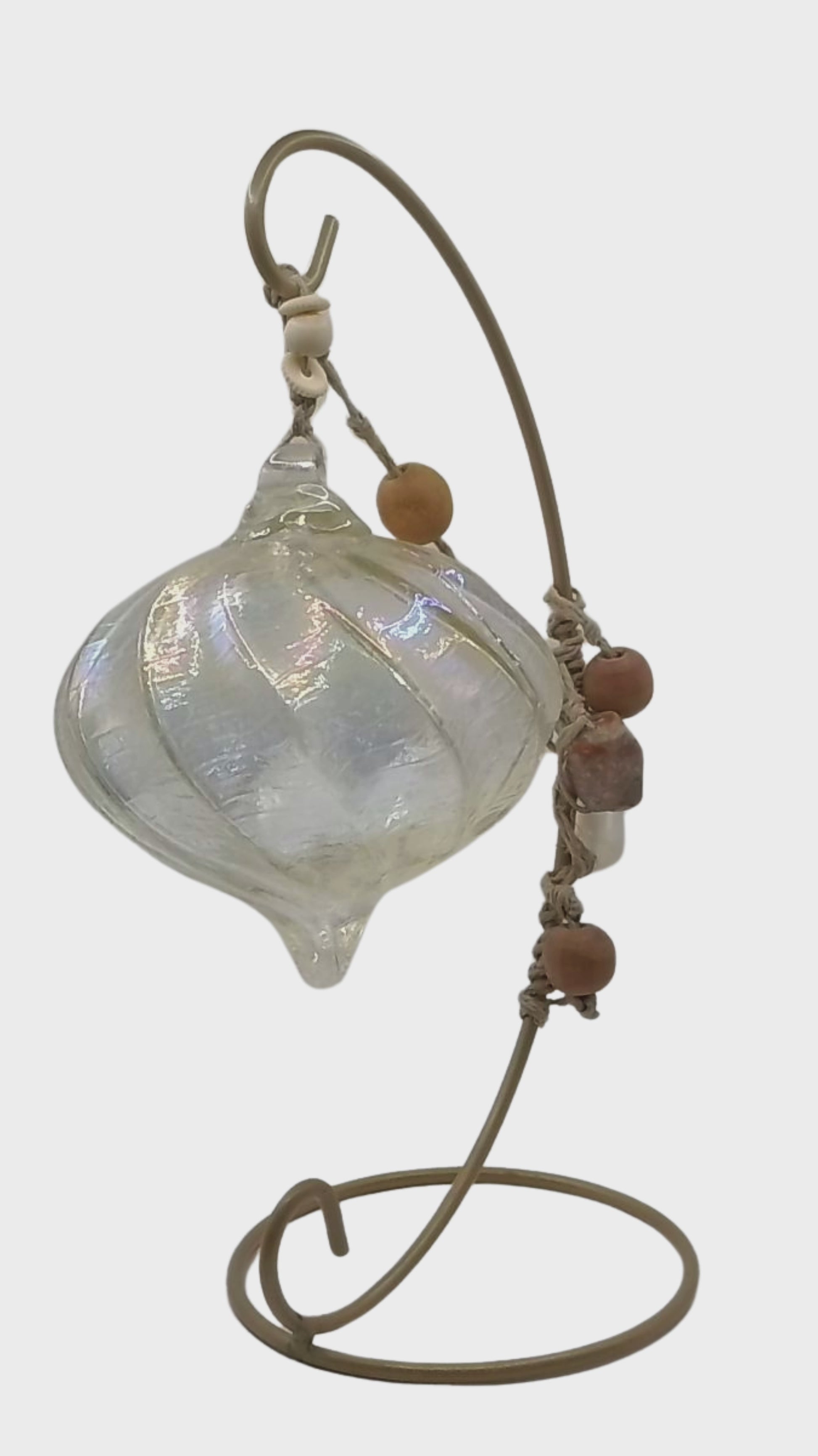 Handblown Iridescent Teardrop Glass Friendship Ornament with Macrame Hanger & Beads - Boho Artisan Decor on 9" Stand (From Roosters Peacock Personal Collection)