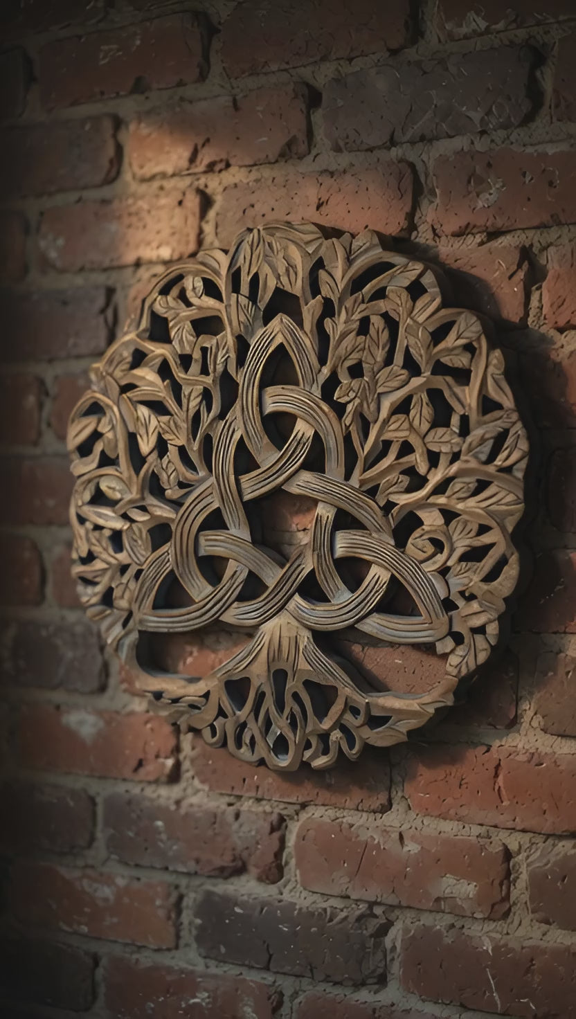 Hand-Carved Triquetra Tree of Life Wood Wall Hanging | 12" Gold | Celtic Knotwork | Altar & Home Decor