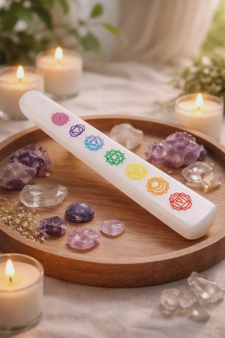Selenite 7 Chakra Massage Wand 6-7" - Crystal Healing & Energy Tool