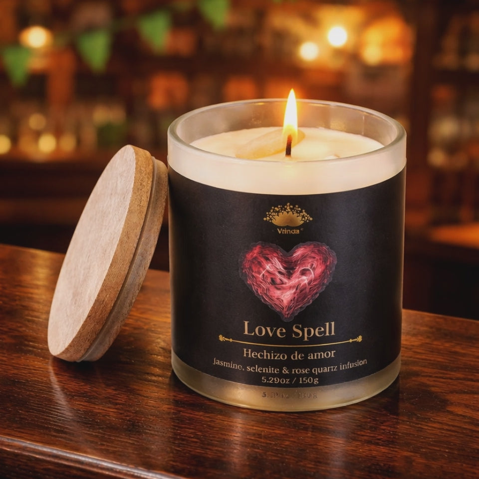 Love Spell Scented Glass Candle – Attraction, Self-Love & Romance | Selenite & Rose Quartz Moon | Jasmine Soy Blend