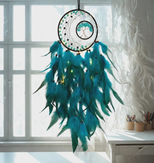 LED Tree of Life Dream Catcher - Blue & Green Crystals with Feathers
