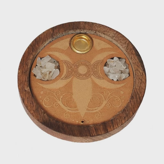 Triple Goddess Crystal Quartz Wood Incense Holder | 3" Round | Cone and Stick | Altar & Ritual Decor