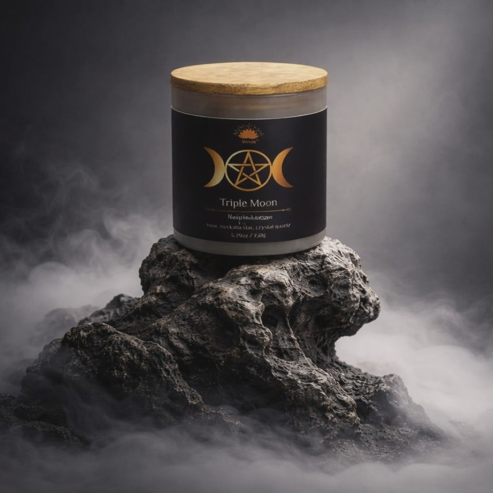 Triple Moon Scented Crystal Candle | Rose Quartz, Merkaba Star & Clear Quartz | Soy Blend 5.29oz