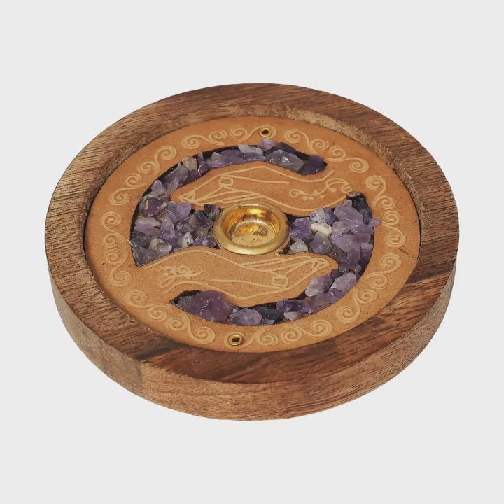 Amethyst Healing Hands Wood Incense Holder | 3" Round | Cone & Stick | Altar & Meditation Decor