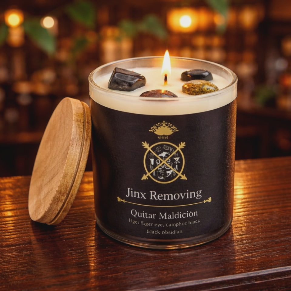 Jinx Removing Scented Glass Candle – Break Curses, Clear Blockages & Reclaim Your Power | Tiger's Eye, Camphor & Black Obsidian | Soy Blend