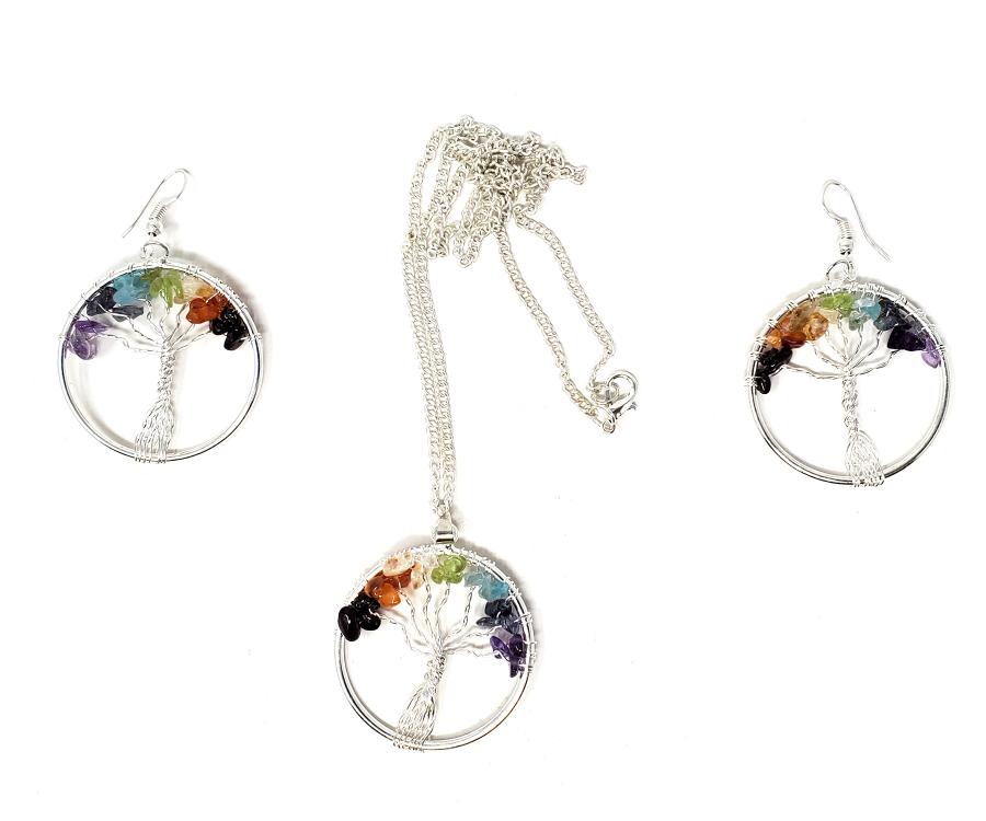 Tree of Life Chakra Gemstone Necklace & Matching Earrings Set