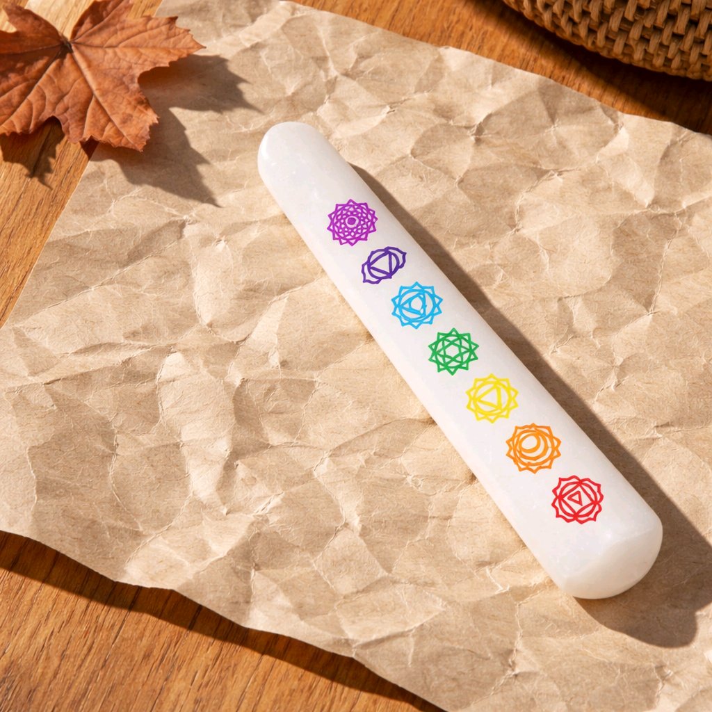 Selenite 7 Chakra Massage Wand 6-7" Long - Energy & Healing Tool