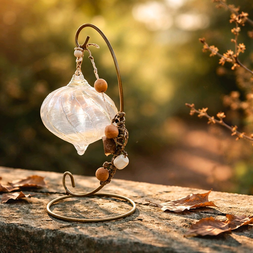 Handblown Iridescent Teardrop Glass Friendship Ornament with Macrame Hanger & Beads - Boho Artisan Decor on 9" Stand (From Roosters Peacock Personal Collection)