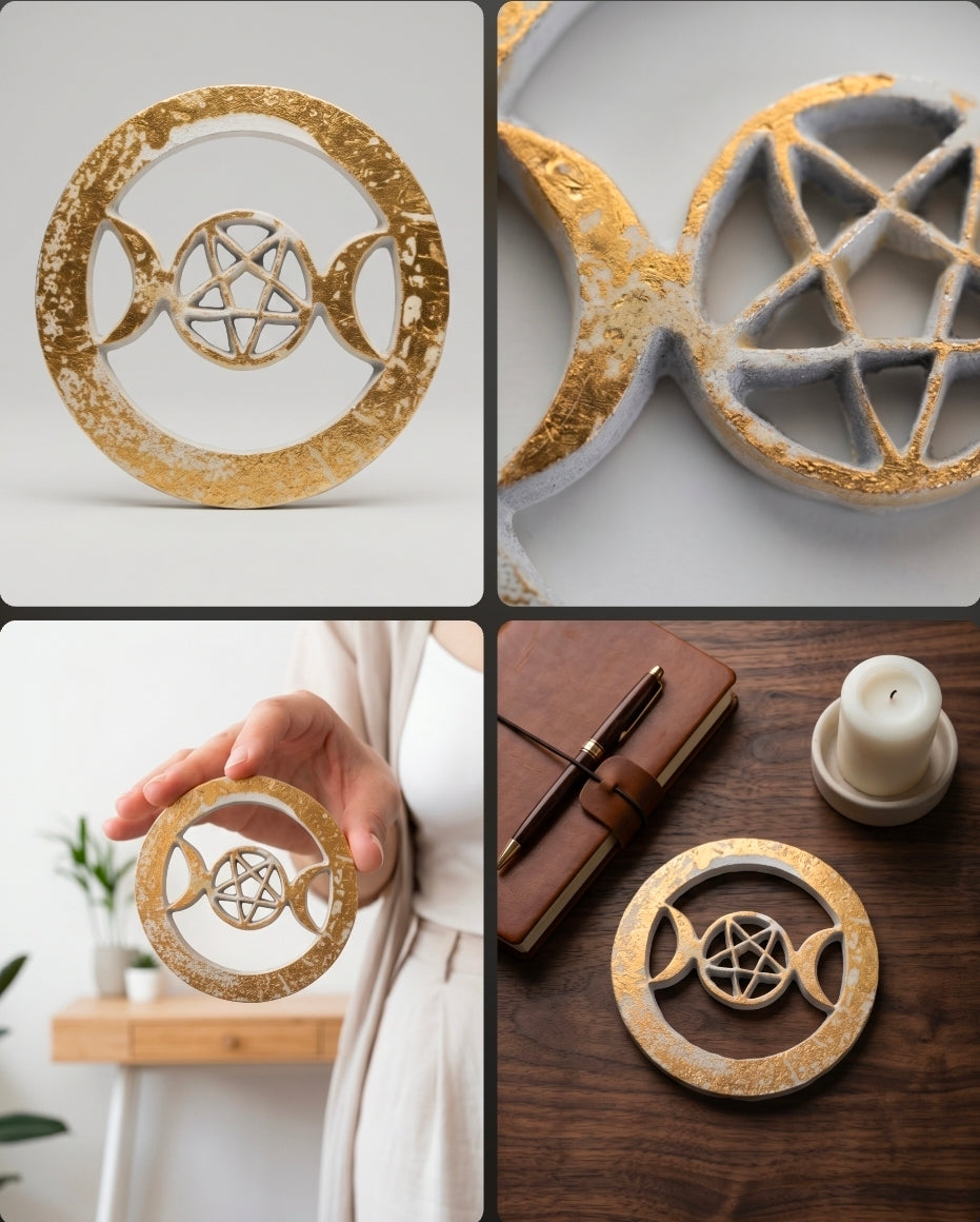 White & Gold Triple Moon Pentacle Altar Tile 4" | Metal Ritual Plate