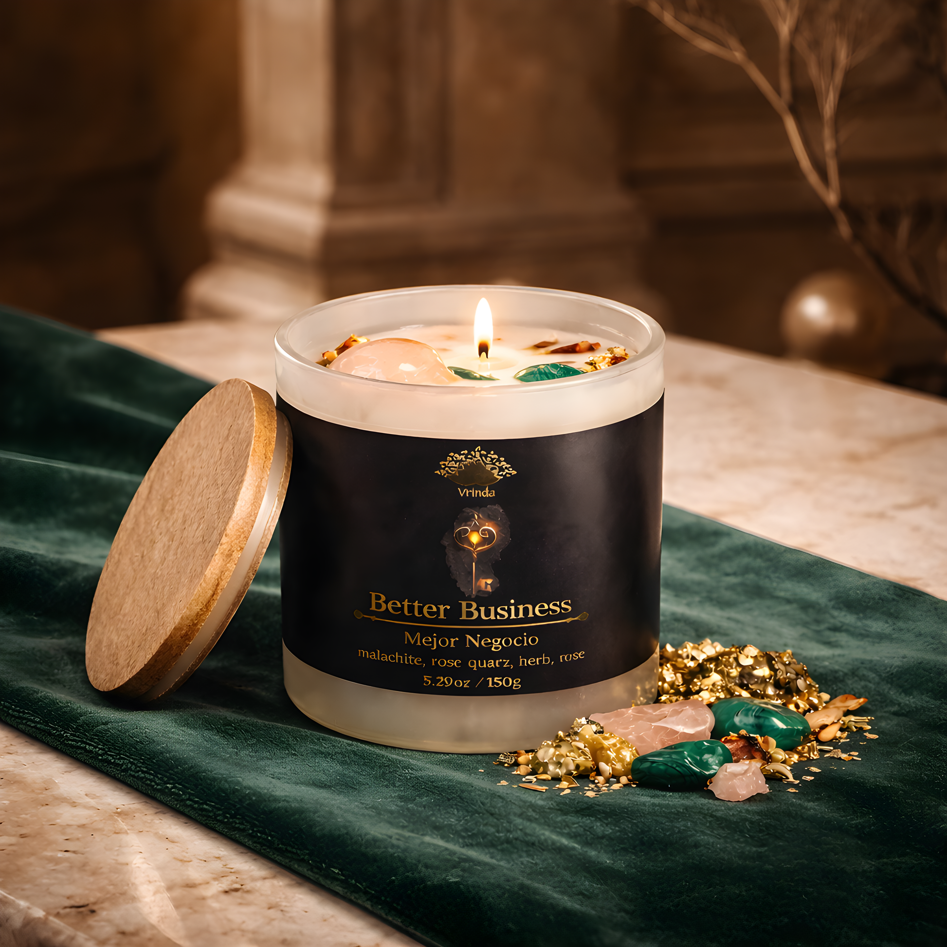 Better Business Scented Crystal Candle | Malachite & Rose Quartz | Soy Blend 5.29oz