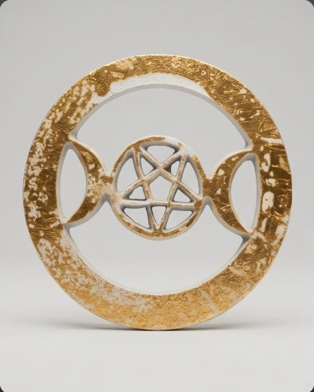 White & Gold Triple Moon Pentacle Altar Tile 4" | Metal Ritual Plate