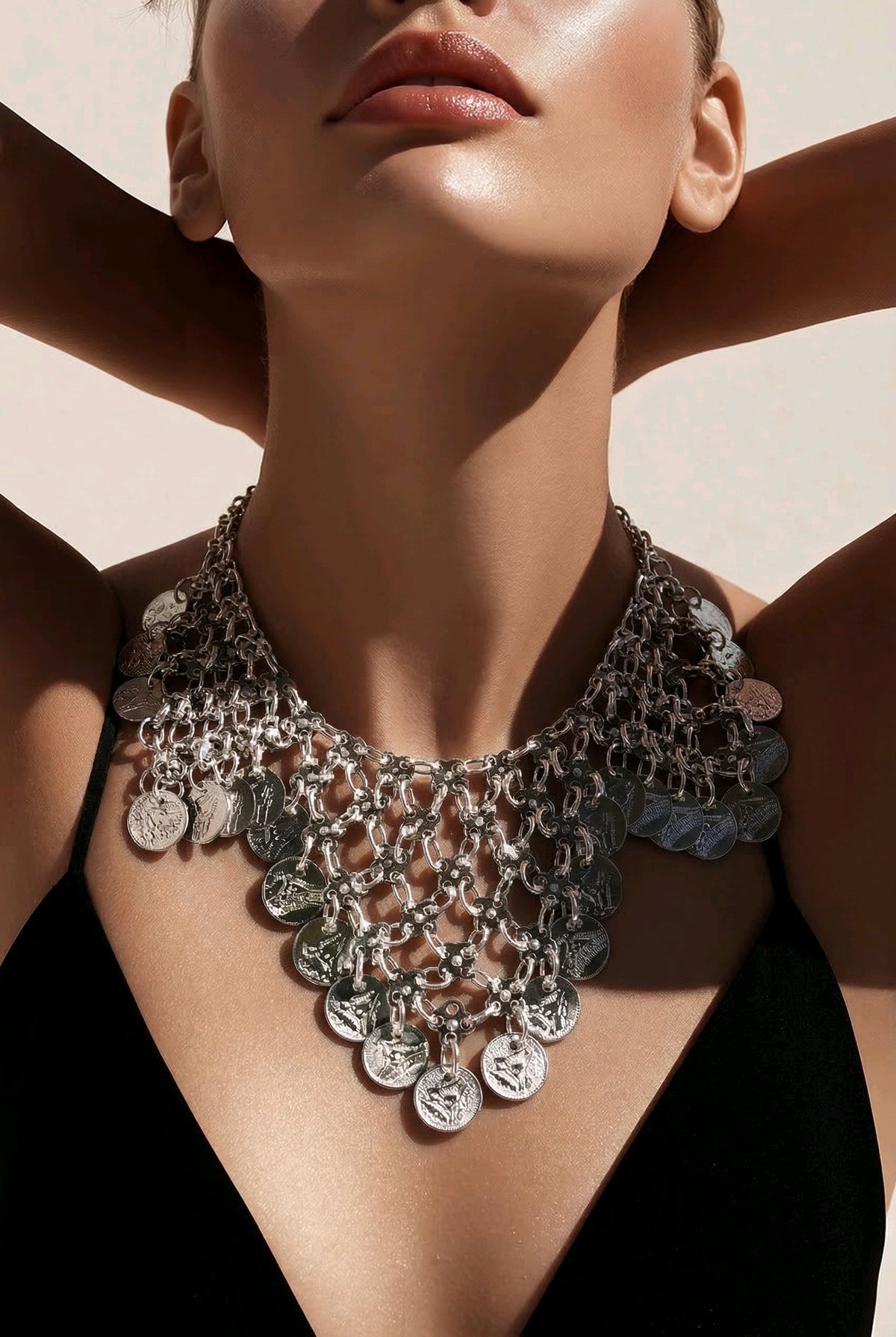 Belly Dance Coin Necklace | Bohemian Silver Tone Statement Jewelry