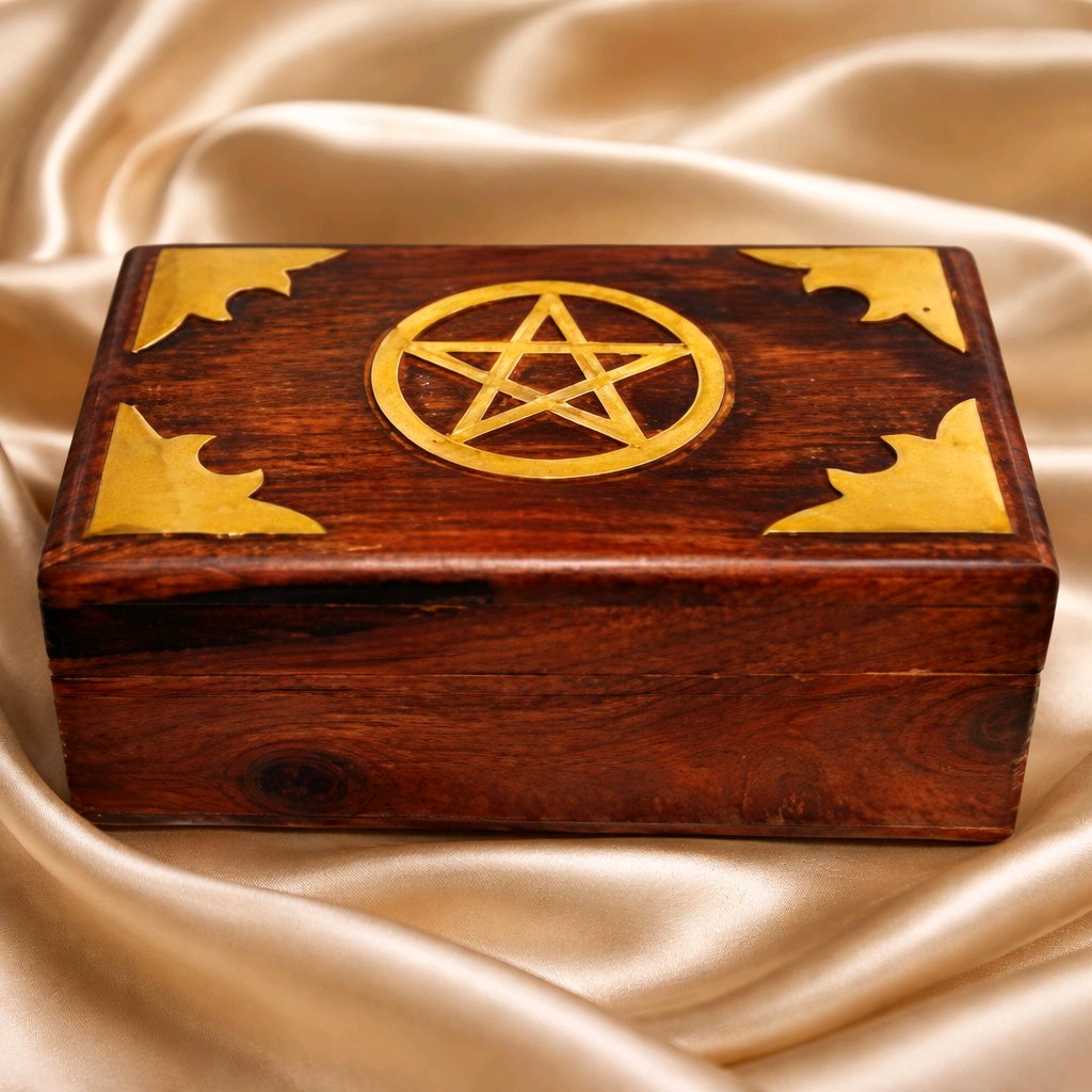 "Pentagram Star" Inlaid Wooden Storage Box - Compact 4 x 2.5 x 2 Inch Altar Keepsake